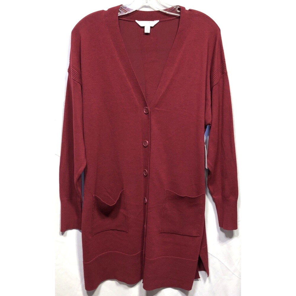 NWT Time & Tru Long Cardigan Knit Sweater L Maroon Long sleeve Pockets Capsule